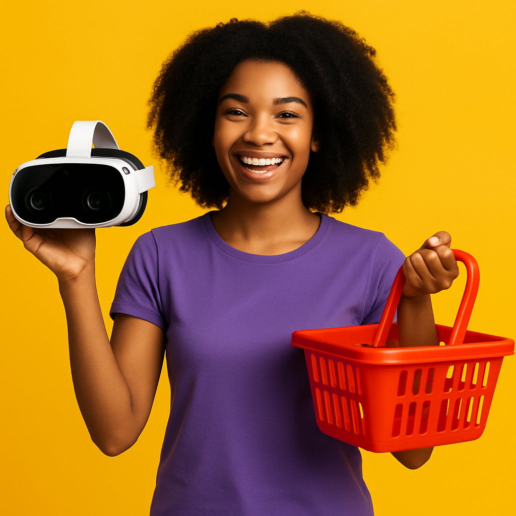 Smiling woman holding a Meta Quest 3 headset and red basket - TEK WORLD